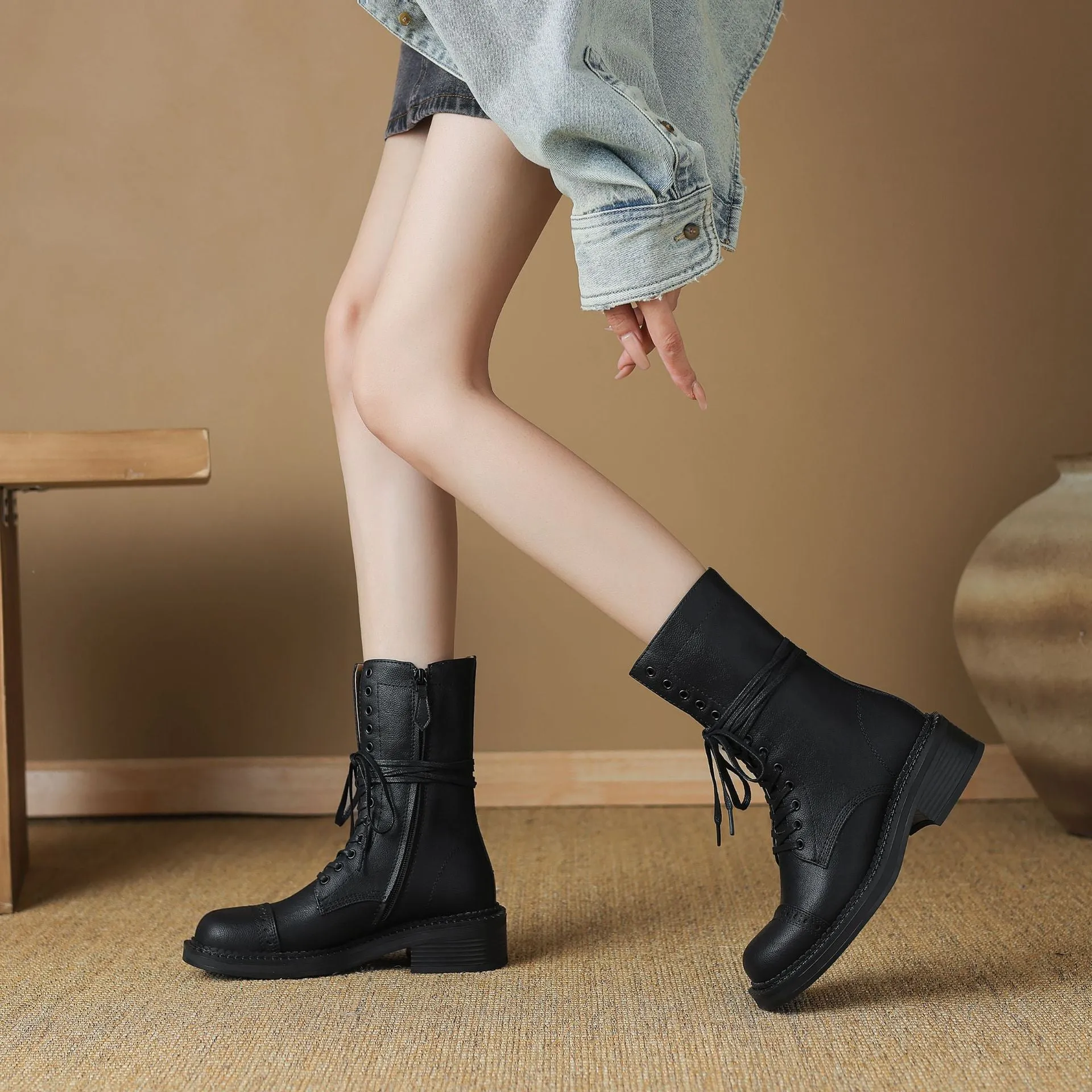 2024 Autumn Winter Genuine Leather Vintage Martin Boots Women Handmade Shoes