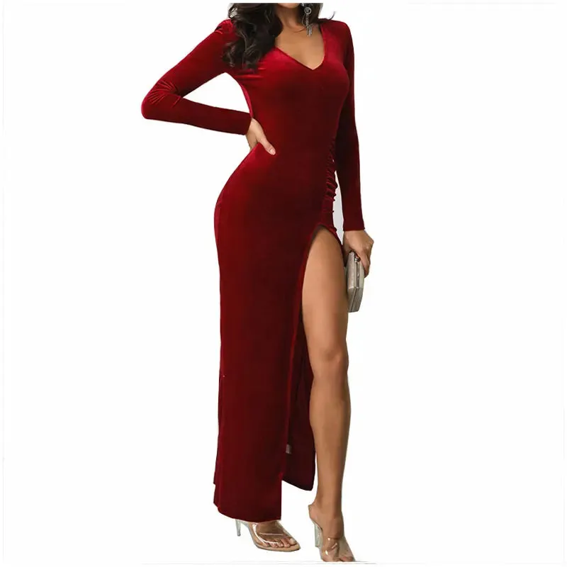 2024 Spring Burgundy Velvet Casual Bodycon Vintage Maxi Dress