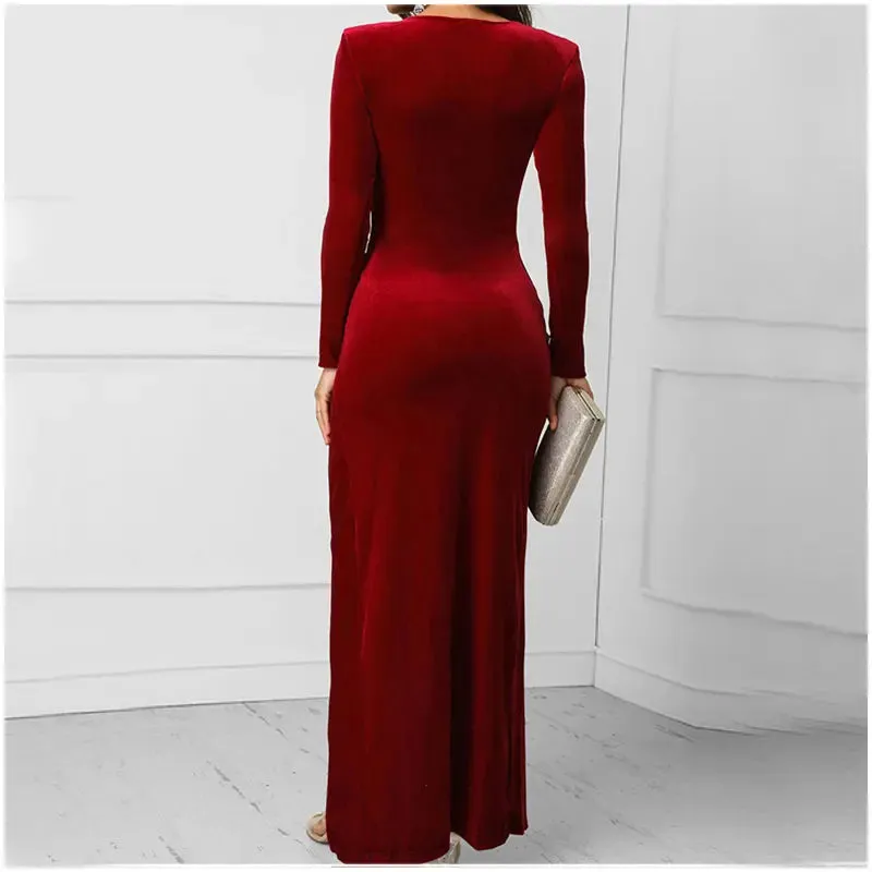 2024 Spring Burgundy Velvet Casual Bodycon Vintage Maxi Dress