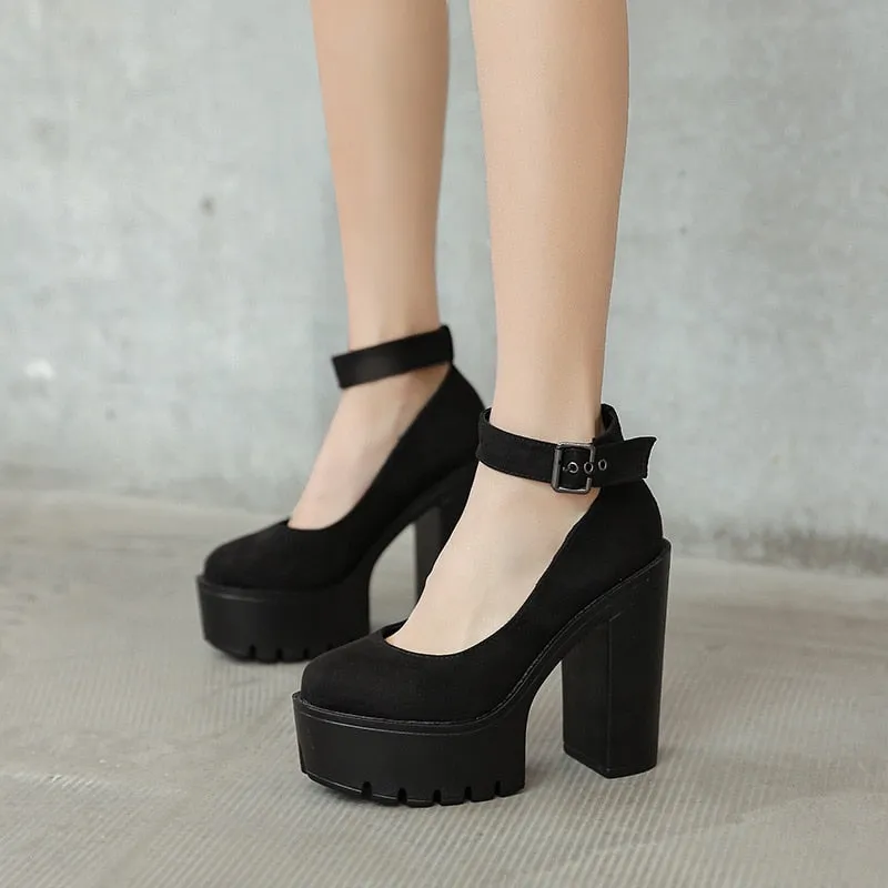 5cm Waterproof Platform New Fashion Round Toe Pumps Square High Heels Ankle Strap rushed Sexy Women Shoes