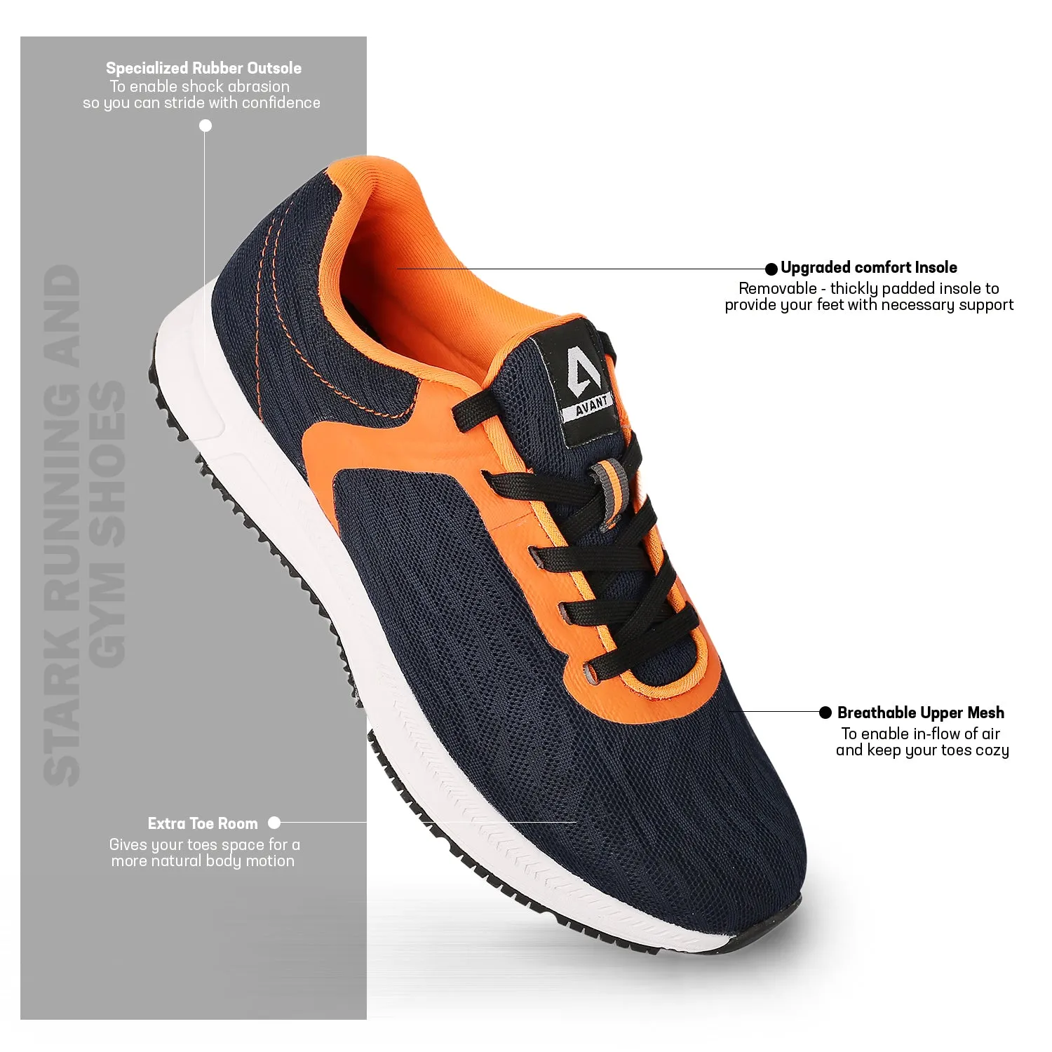 Avant Men's Stark Running & Gym shoes - Navy Blue/Orange