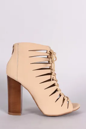 Bamboo Nubuck Peep Toe Lace-Up Cutout Booties