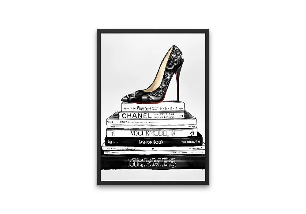 Black Bookstack With Black Heel Fashion Art PRINTABLE ART, Designer Wall Art, Luxury Fashion Poster, Glam Decor, Fashion Books, Designer Poster