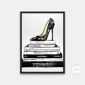 Black Bookstack With Black Heel Fashion Art PRINTABLE ART, Designer Wall Art, Luxury Fashion Poster, Glam Decor, Fashion Books, Designer Poster