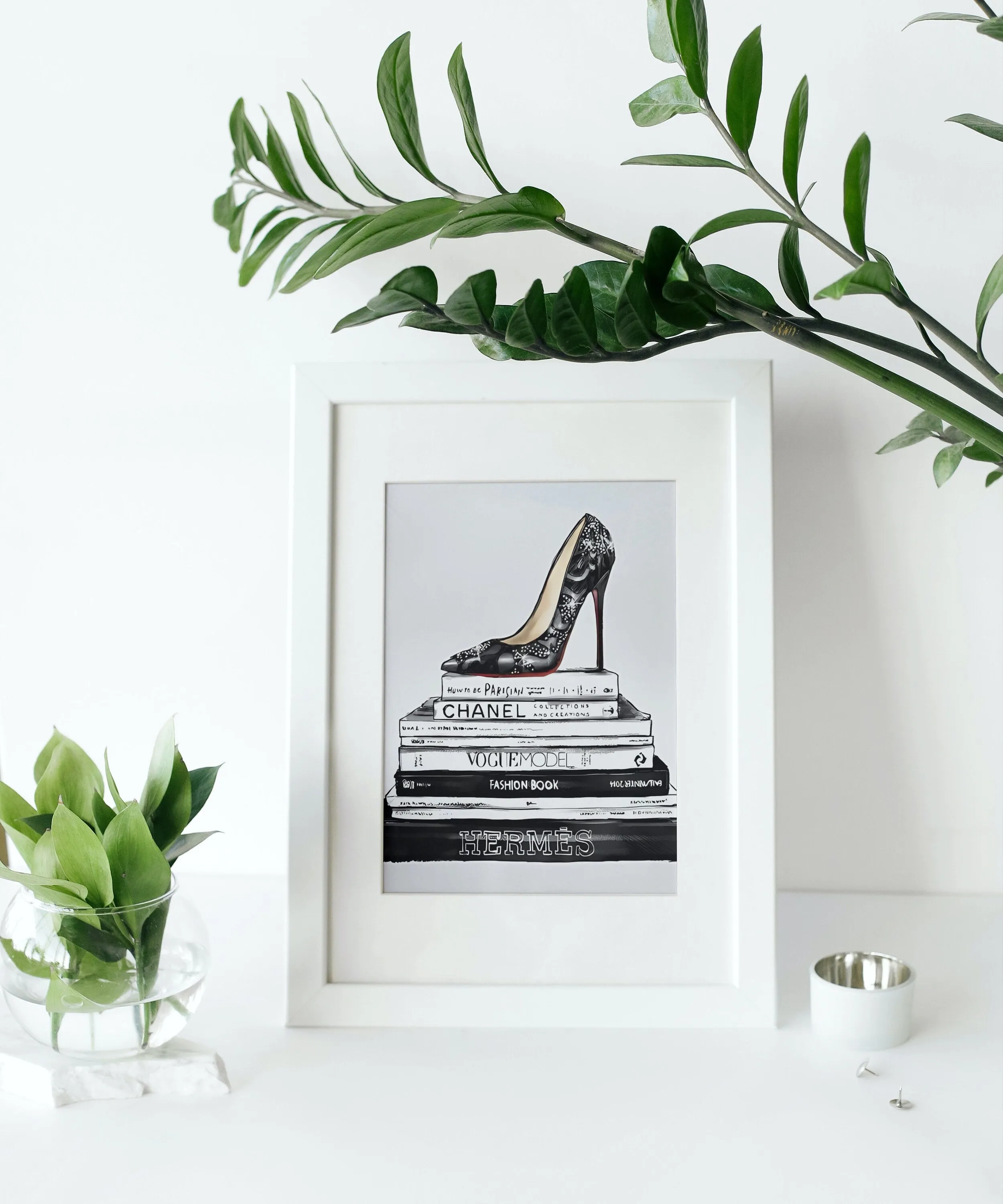 Black Bookstack With Black Heel Fashion Art PRINTABLE ART, Designer Wall Art, Luxury Fashion Poster, Glam Decor, Fashion Books, Designer Poster