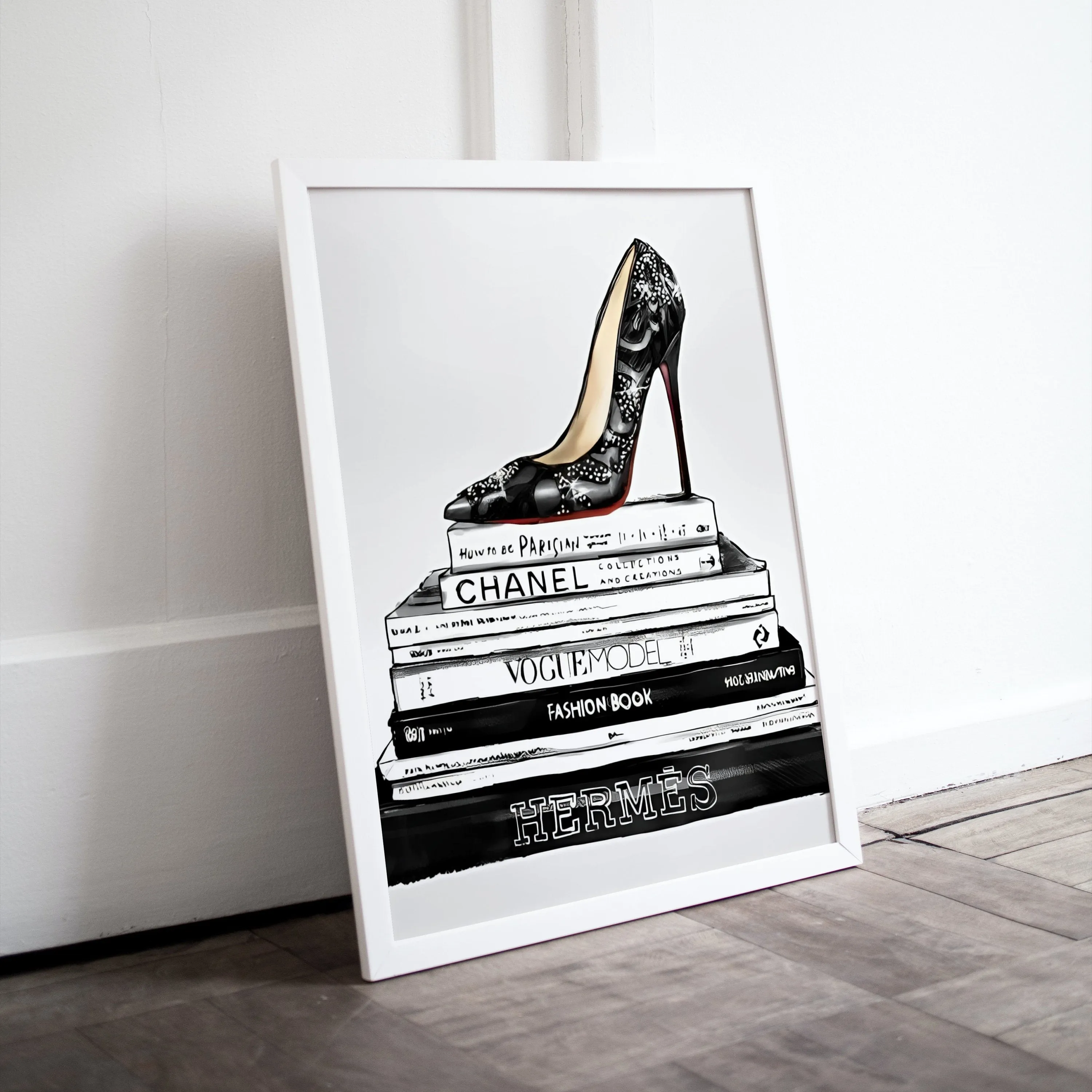 Black Bookstack With Black Heel Fashion Art PRINTABLE ART, Designer Wall Art, Luxury Fashion Poster, Glam Decor, Fashion Books, Designer Poster