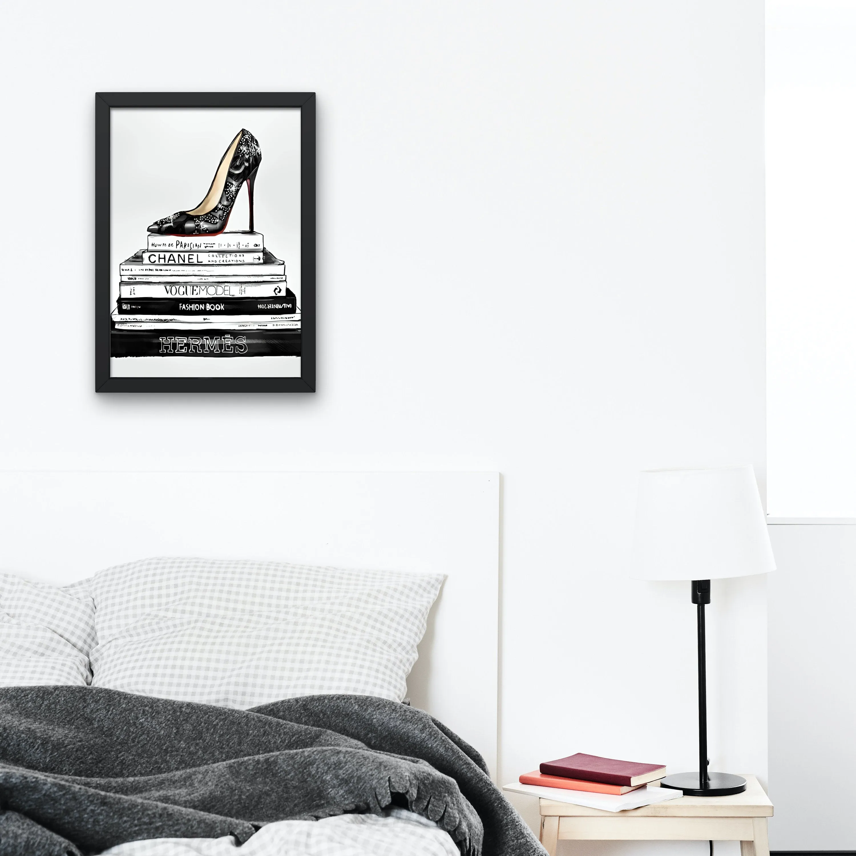 Black Bookstack With Black Heel Fashion Art PRINTABLE ART, Designer Wall Art, Luxury Fashion Poster, Glam Decor, Fashion Books, Designer Poster