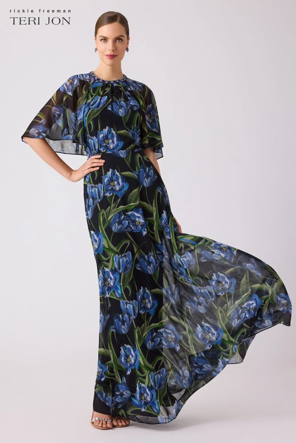 Black Chiffon Gown With Iris Print