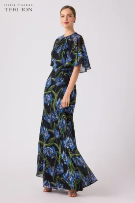 Black Chiffon Gown With Iris Print