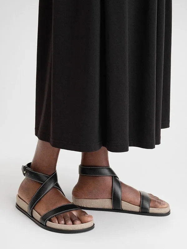 Black Leather Flat Sandals