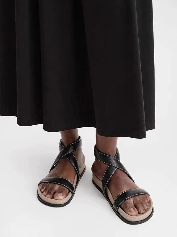 Black Leather Flat Sandals