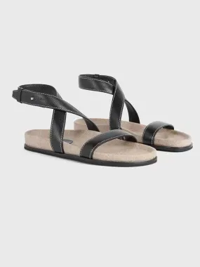 Black Leather Flat Sandals