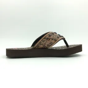 Blazin Roxx Women Size 6 ‘Montana’ Brown Tooled Leather Flip Flops Thongs #4119602