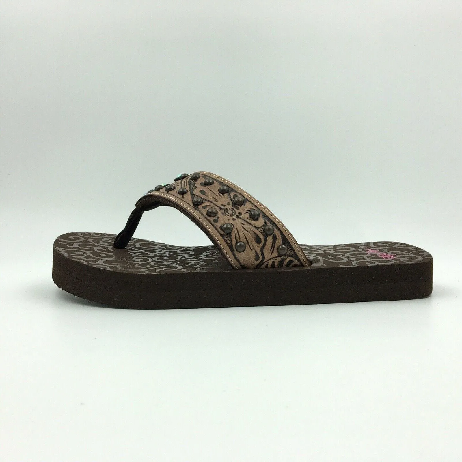 Blazin Roxx Women Size 6 ‘Montana’ Brown Tooled Leather Flip Flops Thongs #4119602