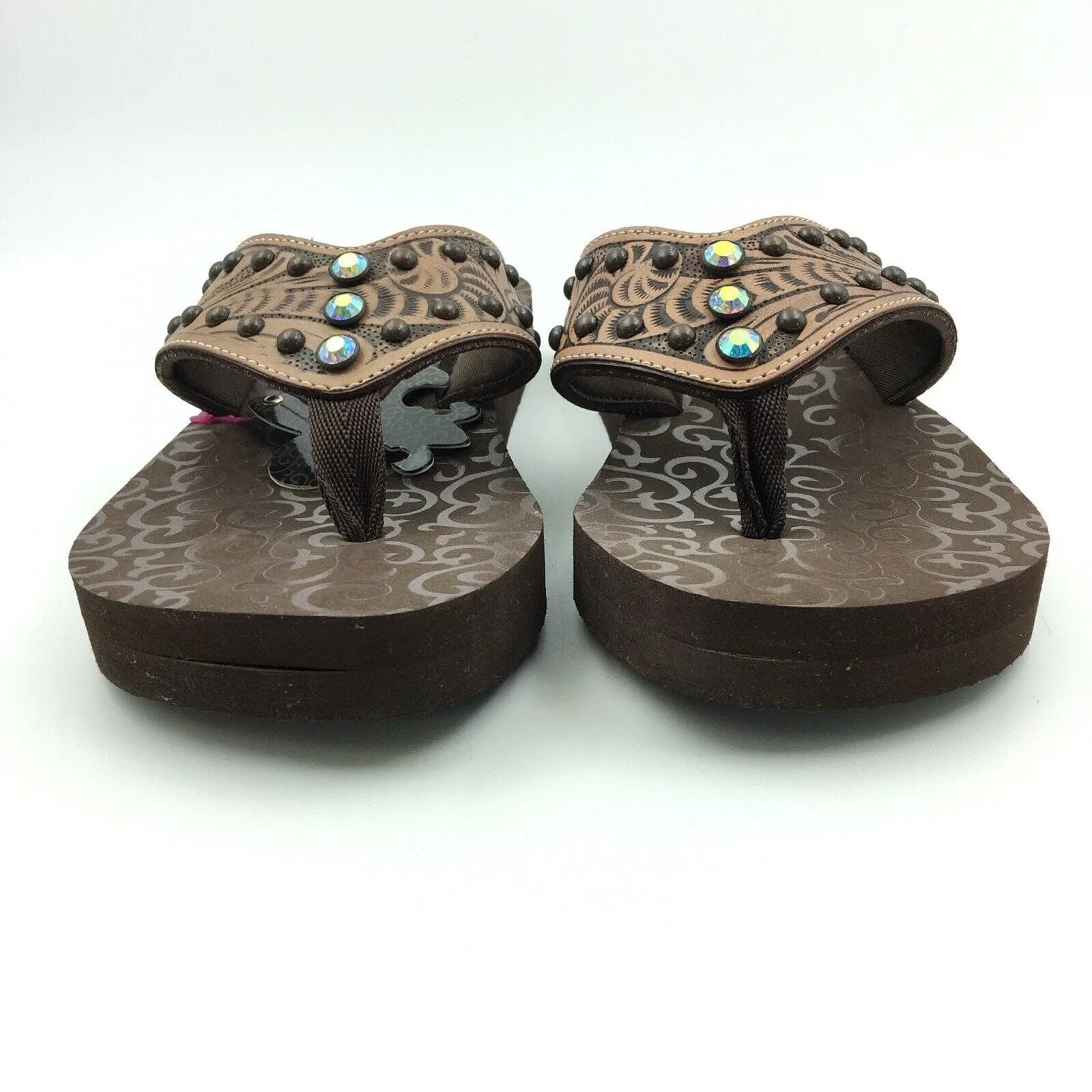 Blazin Roxx Women Size 6 ‘Montana’ Brown Tooled Leather Flip Flops Thongs #4119602