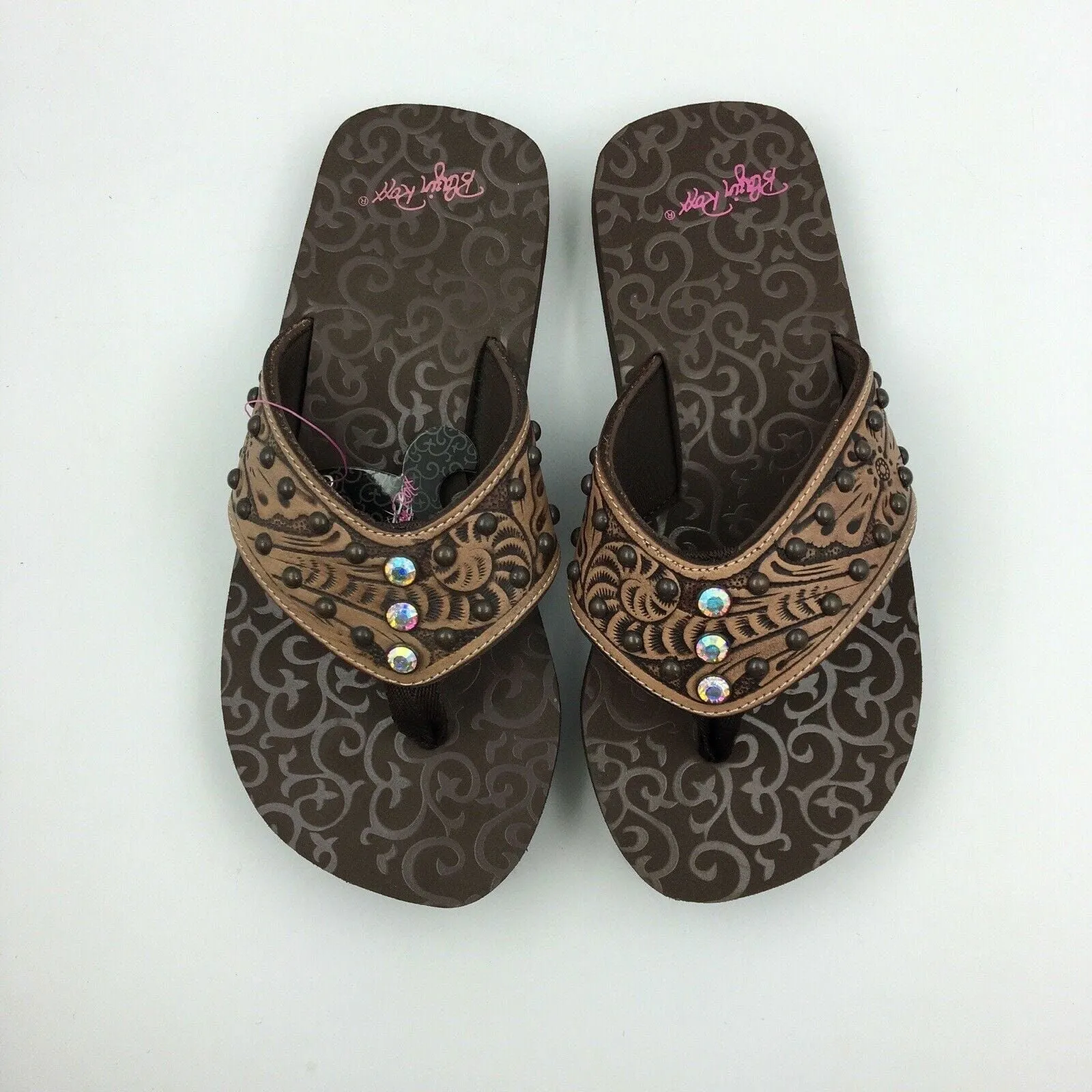 Blazin Roxx Women Size 6 ‘Montana’ Brown Tooled Leather Flip Flops Thongs #4119602