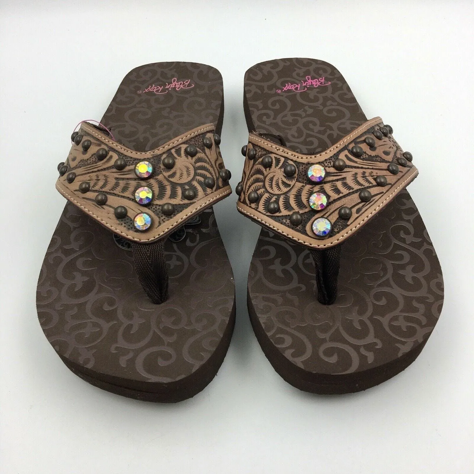 Blazin Roxx Women Size 6 ‘Montana’ Brown Tooled Leather Flip Flops Thongs #4119602