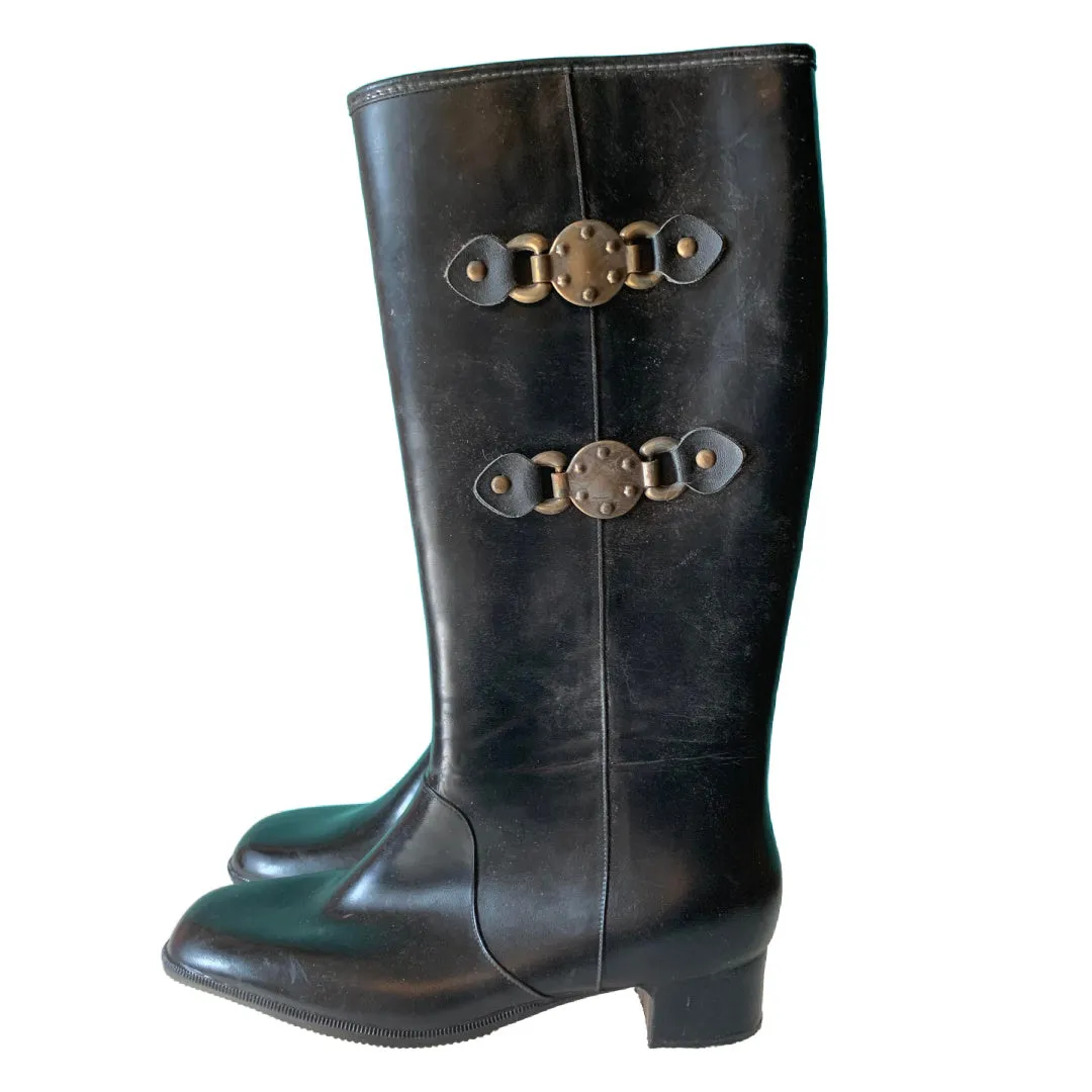 Buckle Trimmed Black Rubber Rain Boots circa 1970s US 9