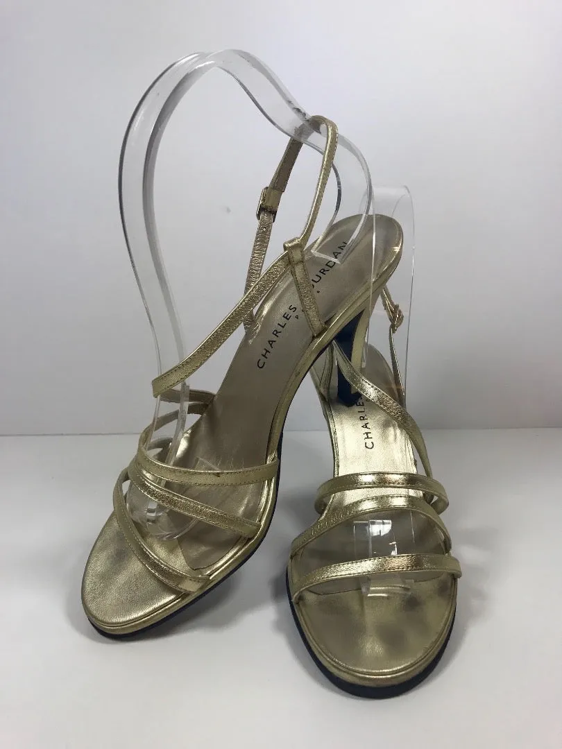 CHARLES JOURDAN Metallic Gold Leather Strappy Heels Size 8 1/2