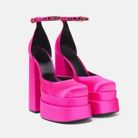 Classy Satin Square Toe Ankle Strap Chunky Heel Platform Sandals - Rose