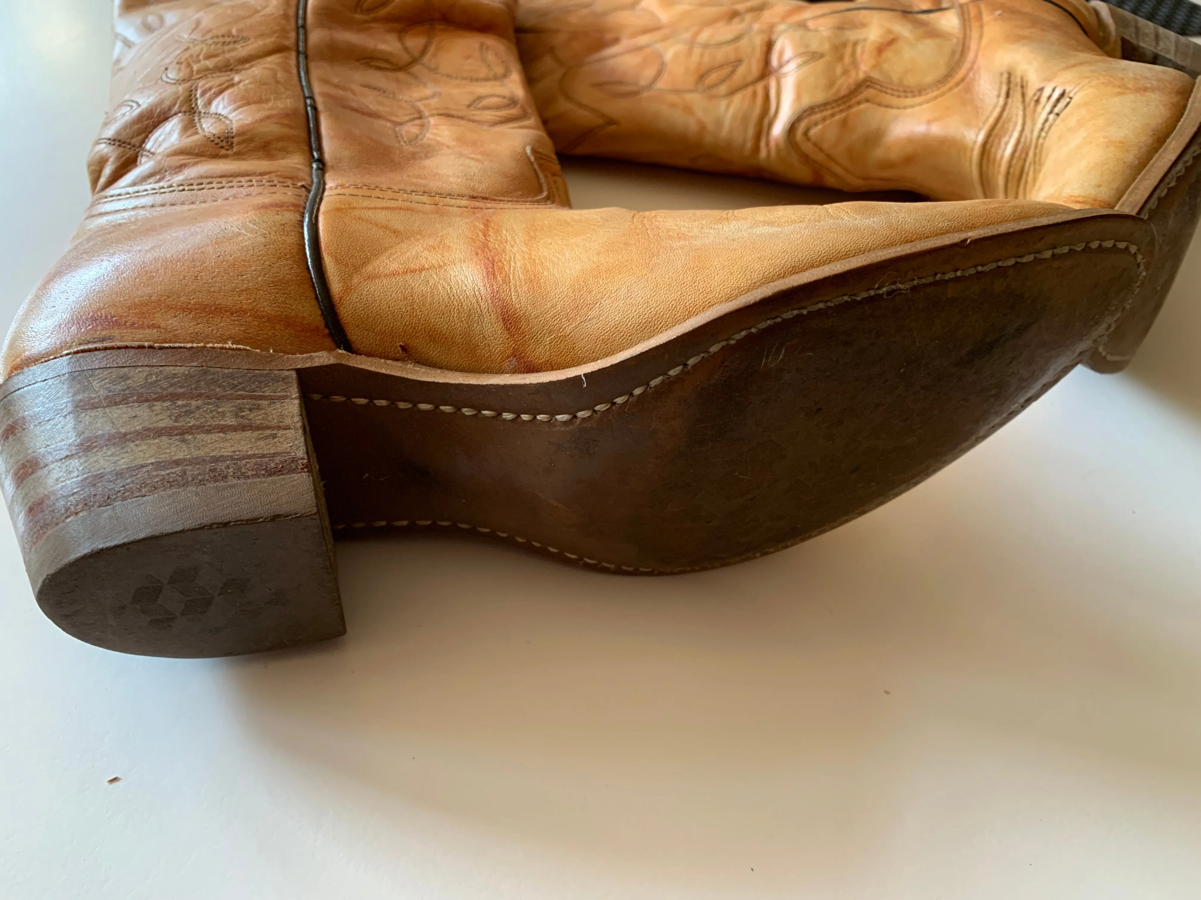 Cognac and Curry Rubbed Leather Western Boots circa 1970s