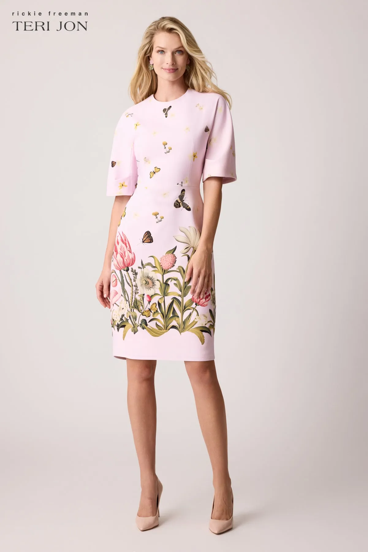 Crepe Butterfly Border Print Sheath Dress