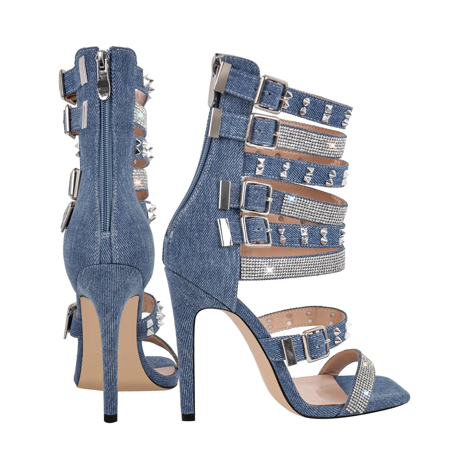 Denim Hollow Rivet Buckle Strap Bootie Sandals