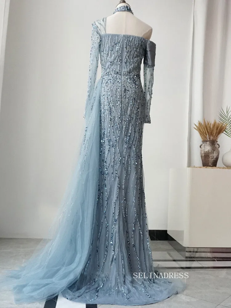 Gorgeous High Neck One Shoulder Luxury Long Prom Dress Blue Beaded Evening Dress Formal Gown FUE017