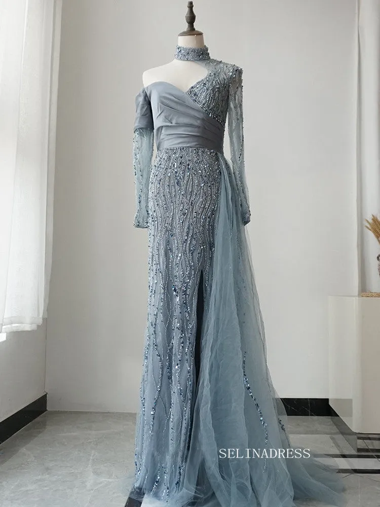 Gorgeous High Neck One Shoulder Luxury Long Prom Dress Blue Beaded Evening Dress Formal Gown FUE017