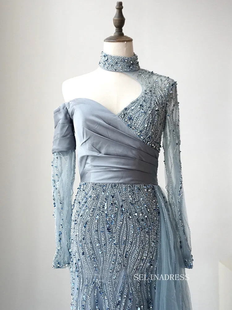 Gorgeous High Neck One Shoulder Luxury Long Prom Dress Blue Beaded Evening Dress Formal Gown FUE017