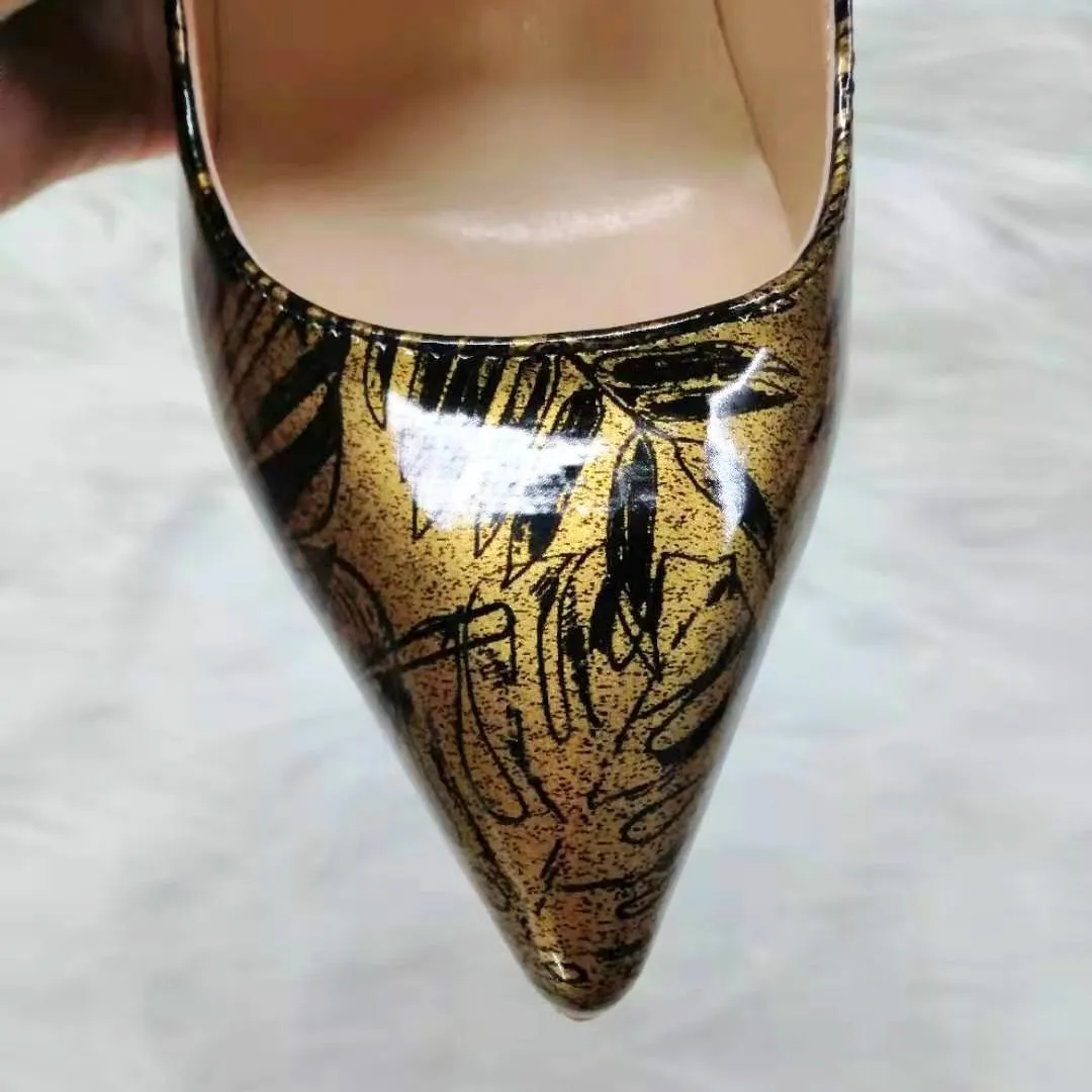 High-heels with gold and black patterns, Fashion Evening Party Shoes, yy29