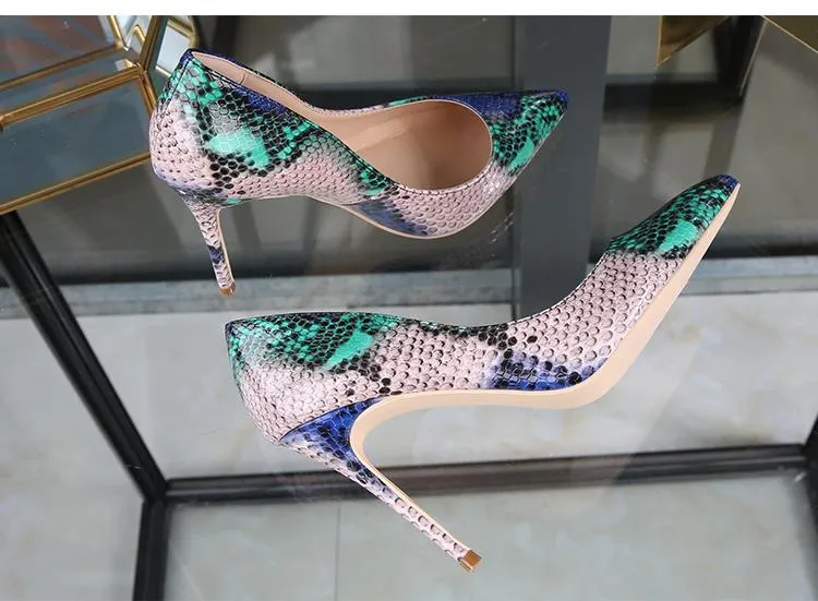 High-heels with multi-colored snakeskin pattern, Fashion Evening Party Shoes, yy03