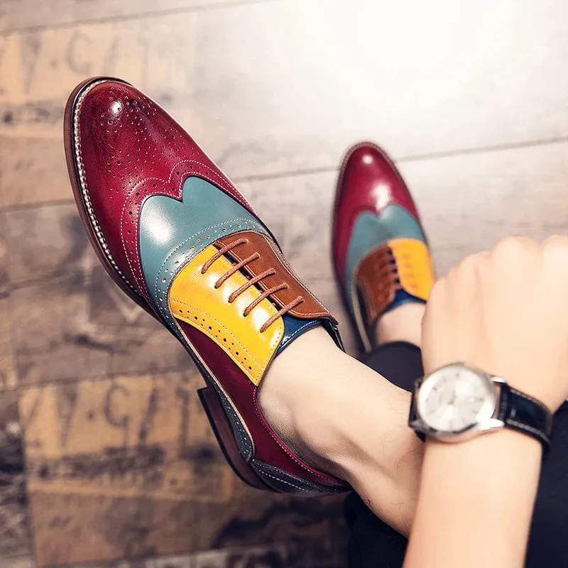 Luxury Multi-colored Premium Leather Lace-Up Business Shoes: Men's Classic Square Toe Dress Flats