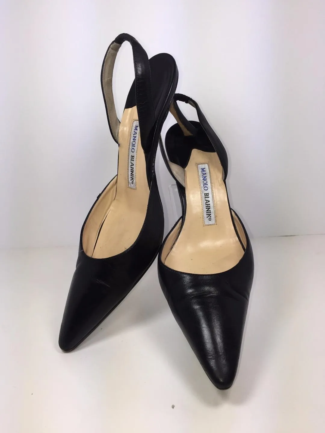 MANOLO BLAHNIK Black Leather Slingback Pumps Size 8