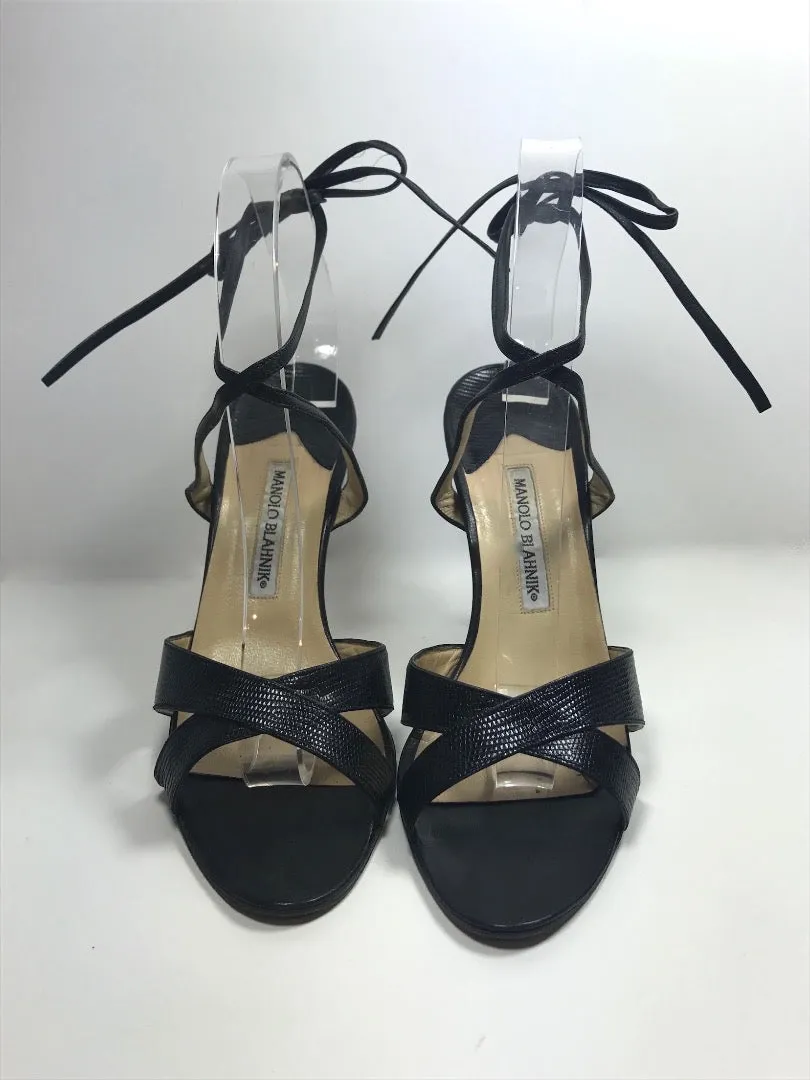 MANOLO BLAHNIK Black Snakeskin Open Toe with Wrap around Ankle Tie Size 40 1/2