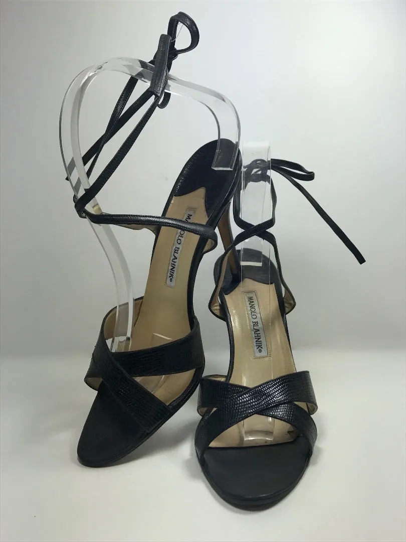 MANOLO BLAHNIK Black Snakeskin Open Toe with Wrap around Ankle Tie Size 40 1/2