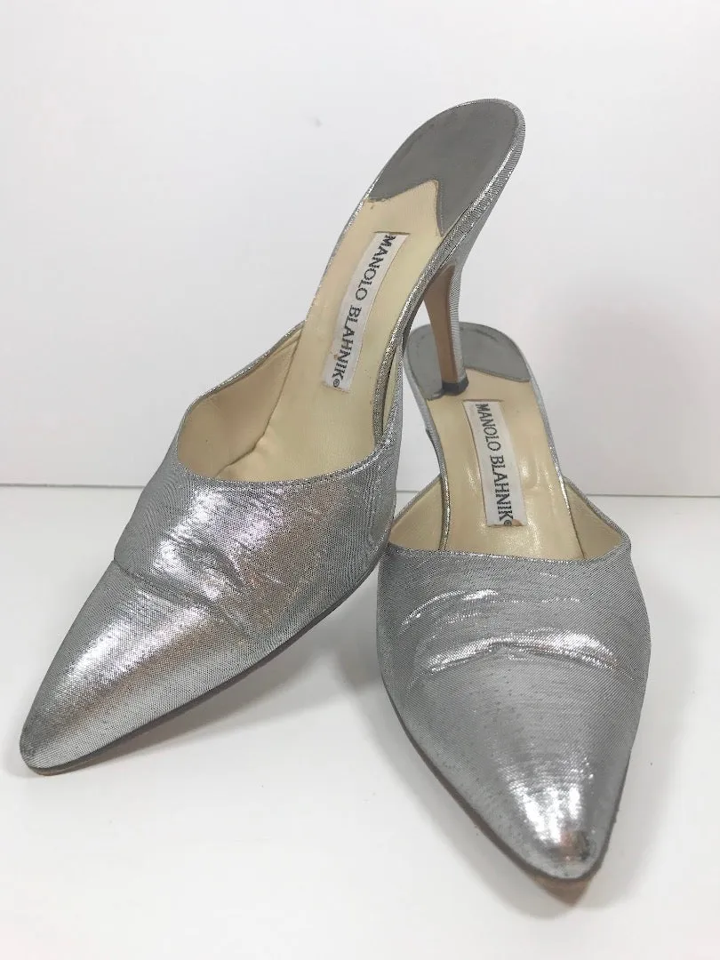 MANOLO BLAHNIK Metallic Silver Textile Pointed Mule Heel Size 9