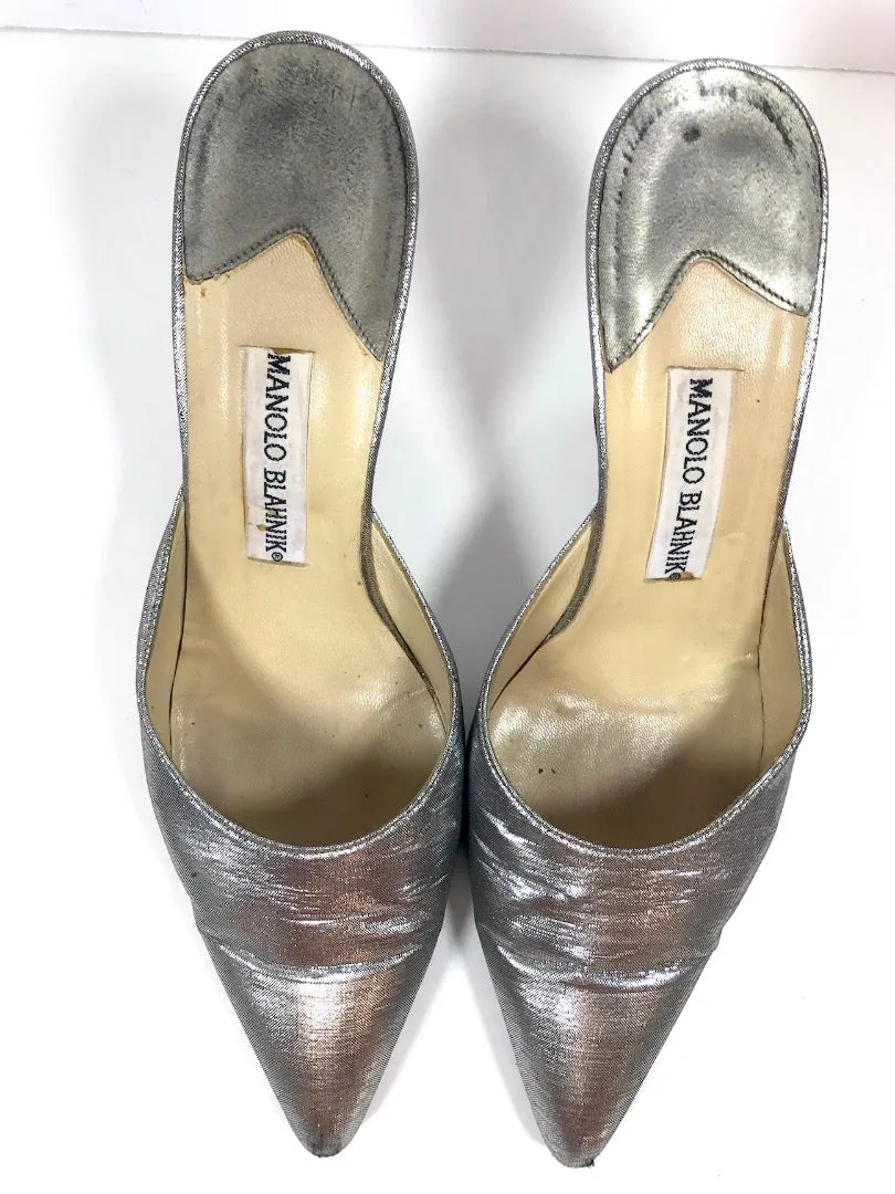 MANOLO BLAHNIK Metallic Silver Textile Pointed Mule Heel Size 9