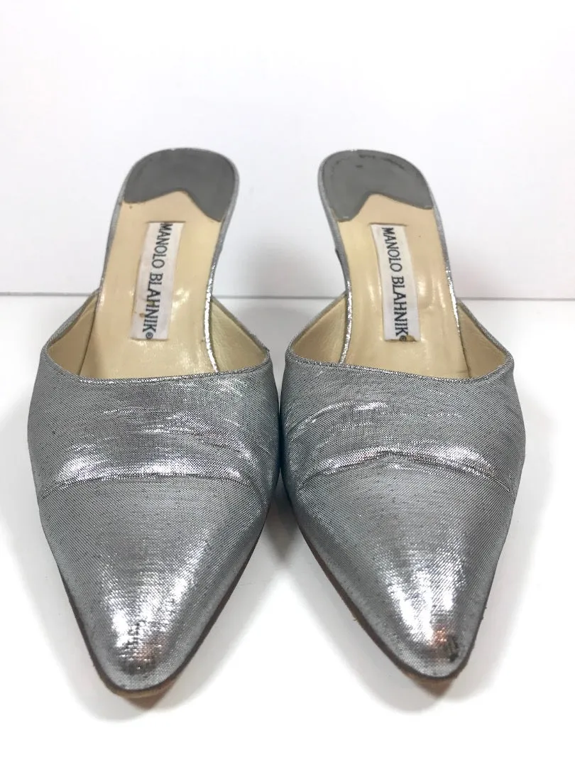 MANOLO BLAHNIK Metallic Silver Textile Pointed Mule Heel Size 9