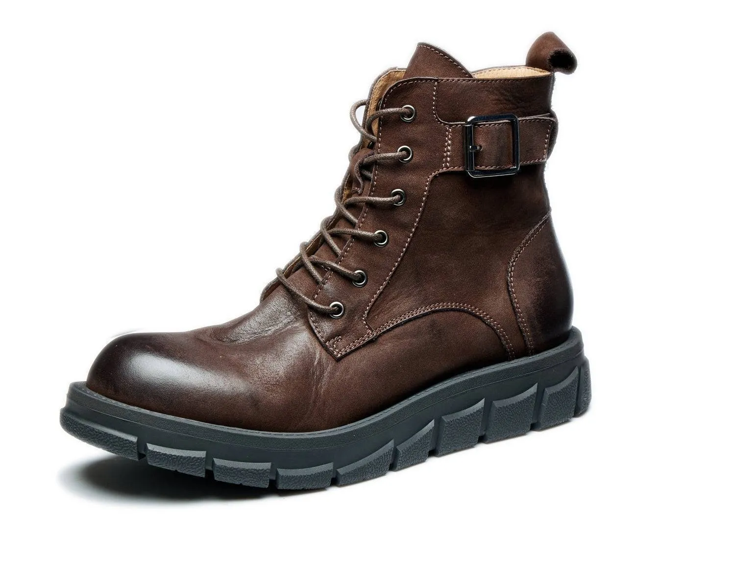 Men's Retro Mid-Top Zipper Combat Boots Thick Sole Motorcycle Style