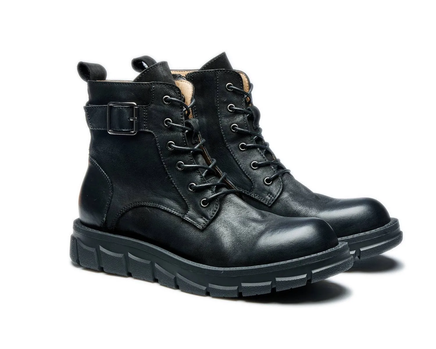 Men's Retro Mid-Top Zipper Combat Boots Thick Sole Motorcycle Style