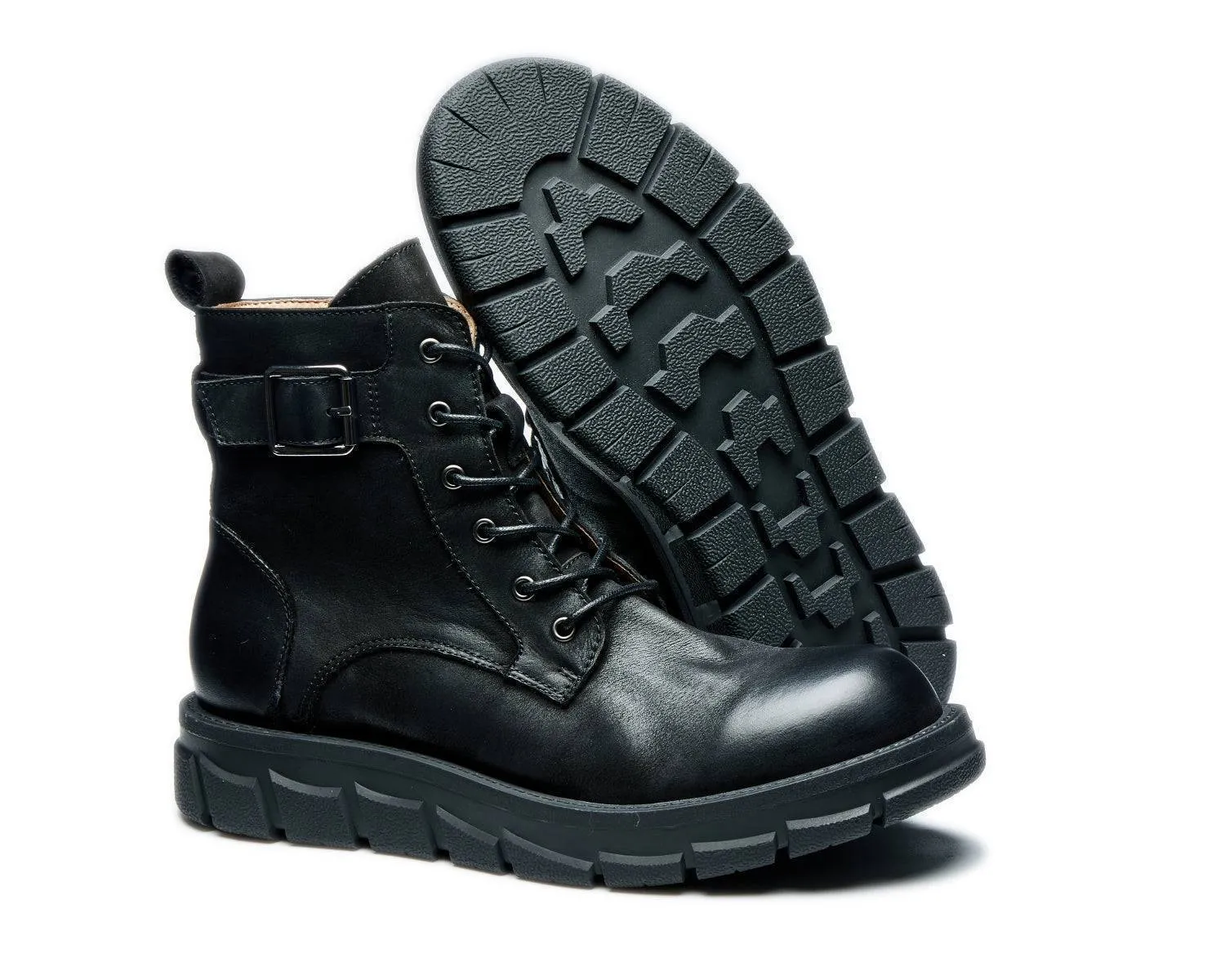 Men's Retro Mid-Top Zipper Combat Boots Thick Sole Motorcycle Style