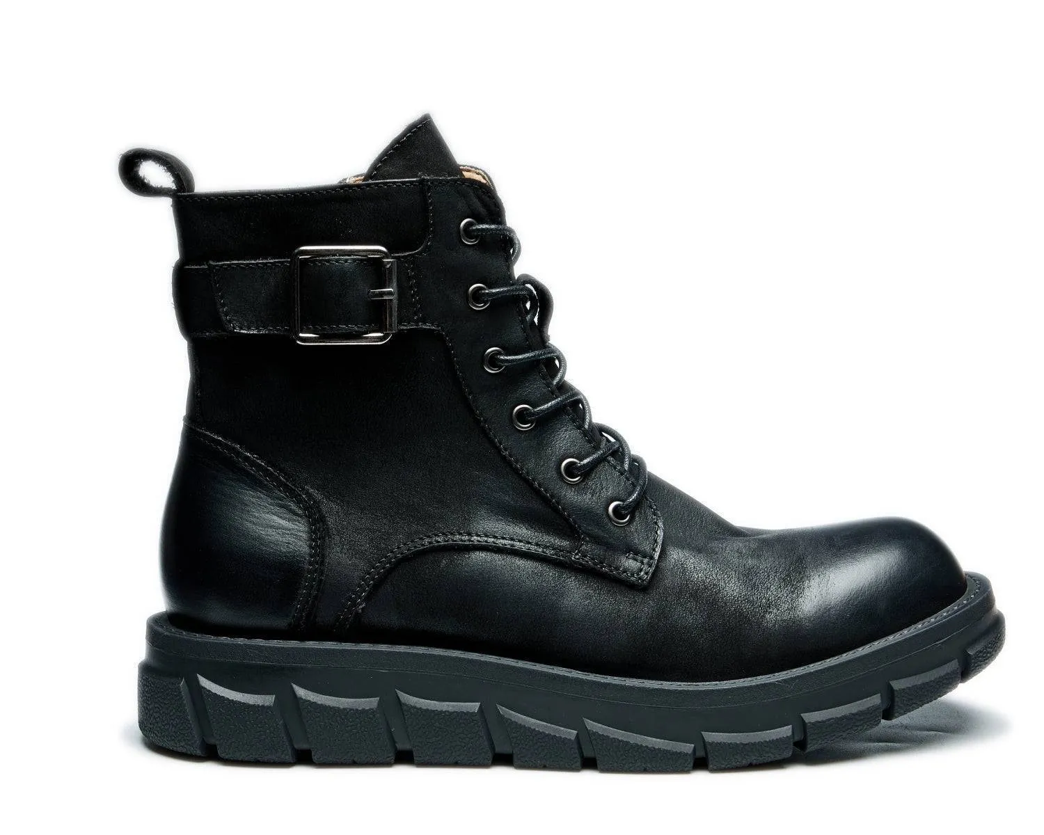 Men's Retro Mid-Top Zipper Combat Boots Thick Sole Motorcycle Style