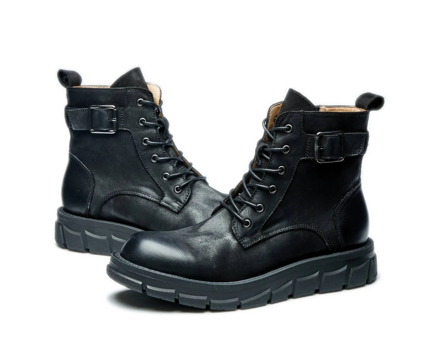 Men's Retro Mid-Top Zipper Combat Boots Thick Sole Motorcycle Style