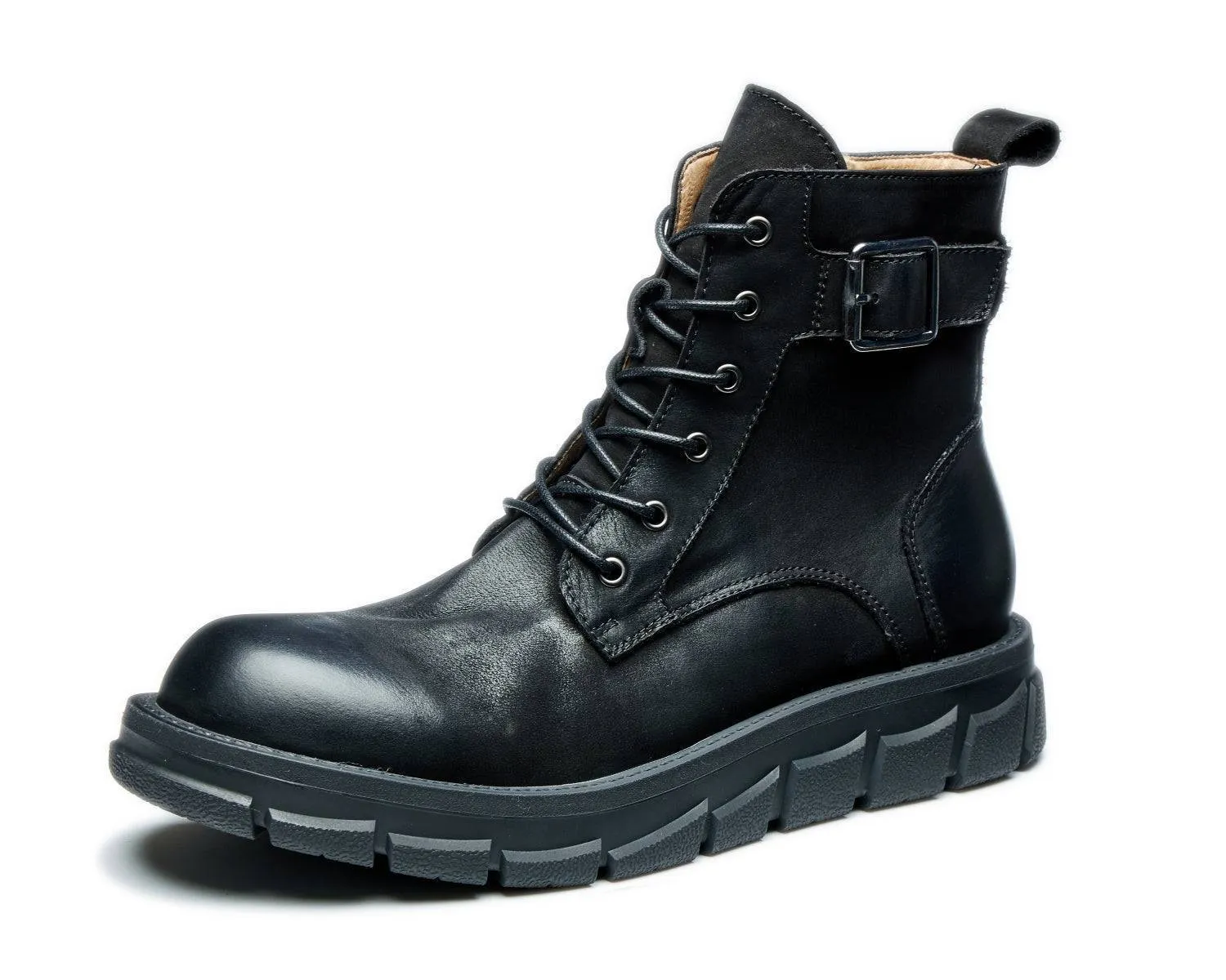 Men's Retro Mid-Top Zipper Combat Boots Thick Sole Motorcycle Style