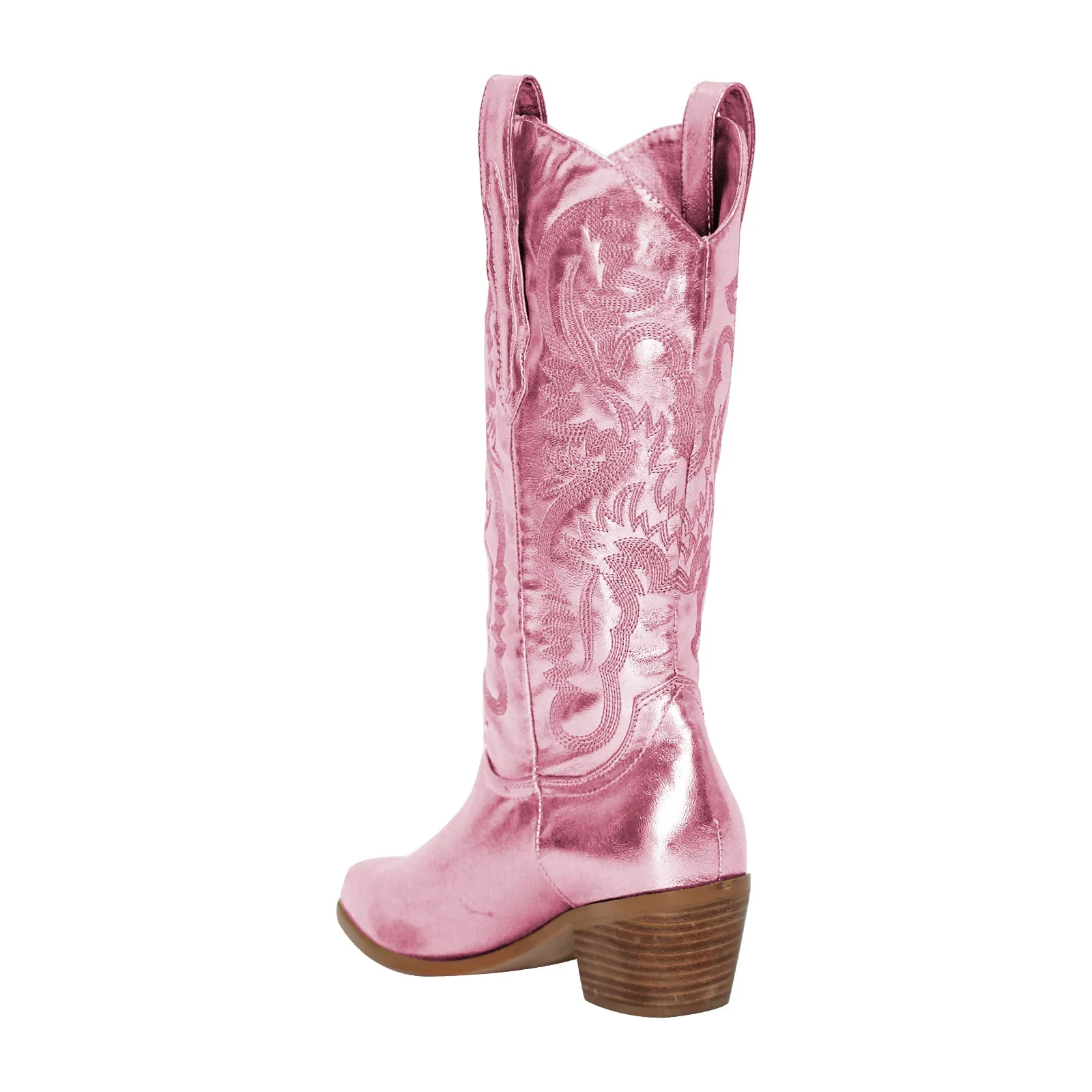 Pink Embroidered Mid-Calf Western Boots