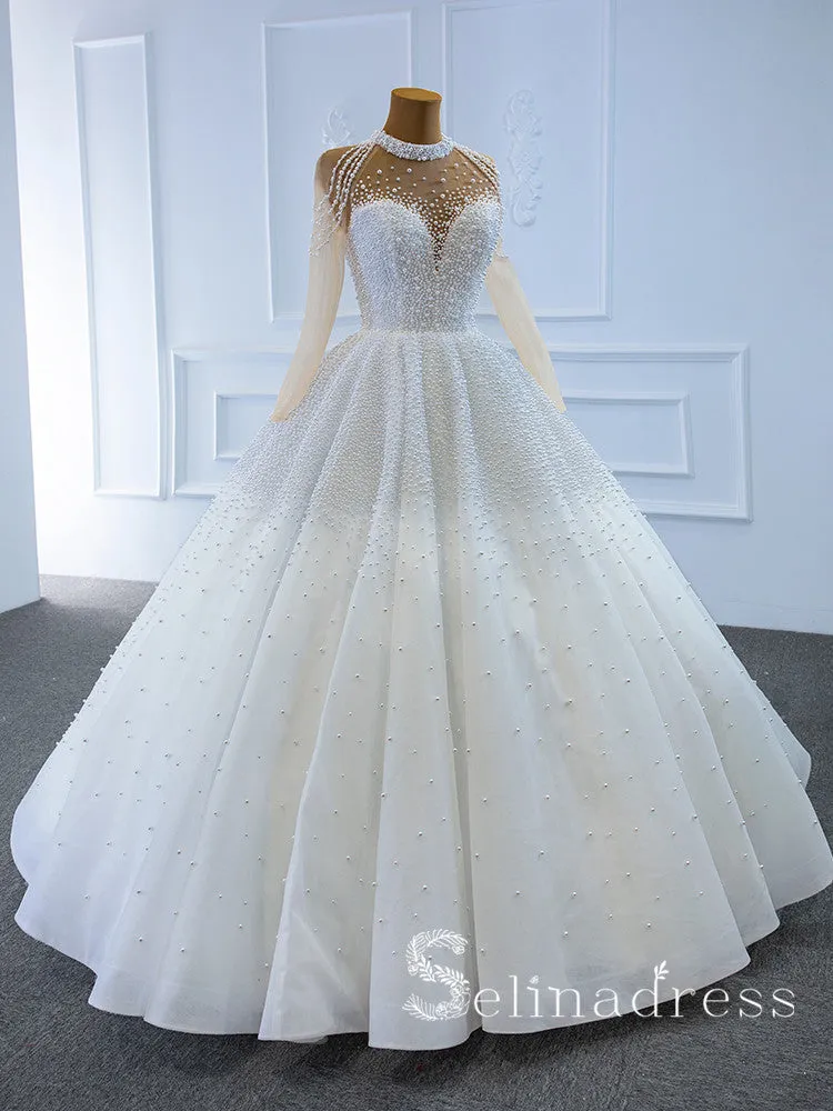 Selinadress High Neck Long Sleeve Beaded Wedding Dress White Luxury Ball Gown Bridal Gowns SPL67198