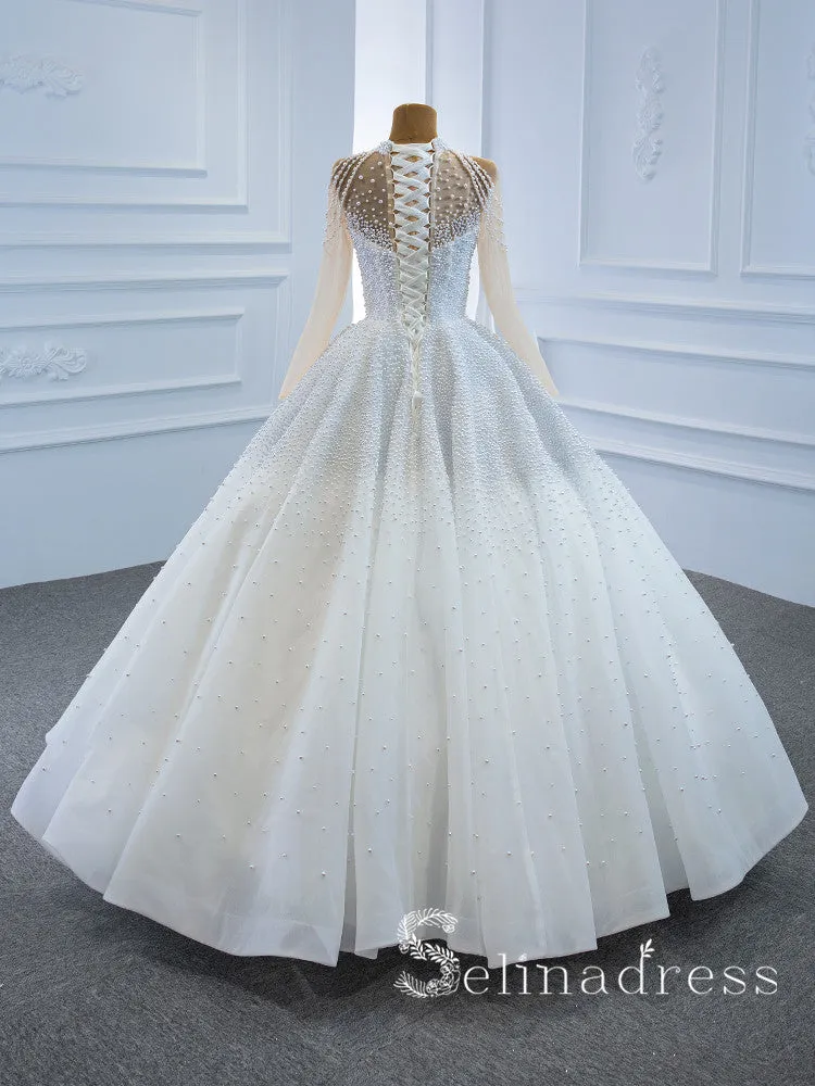 Selinadress High Neck Long Sleeve Beaded Wedding Dress White Luxury Ball Gown Bridal Gowns SPL67198