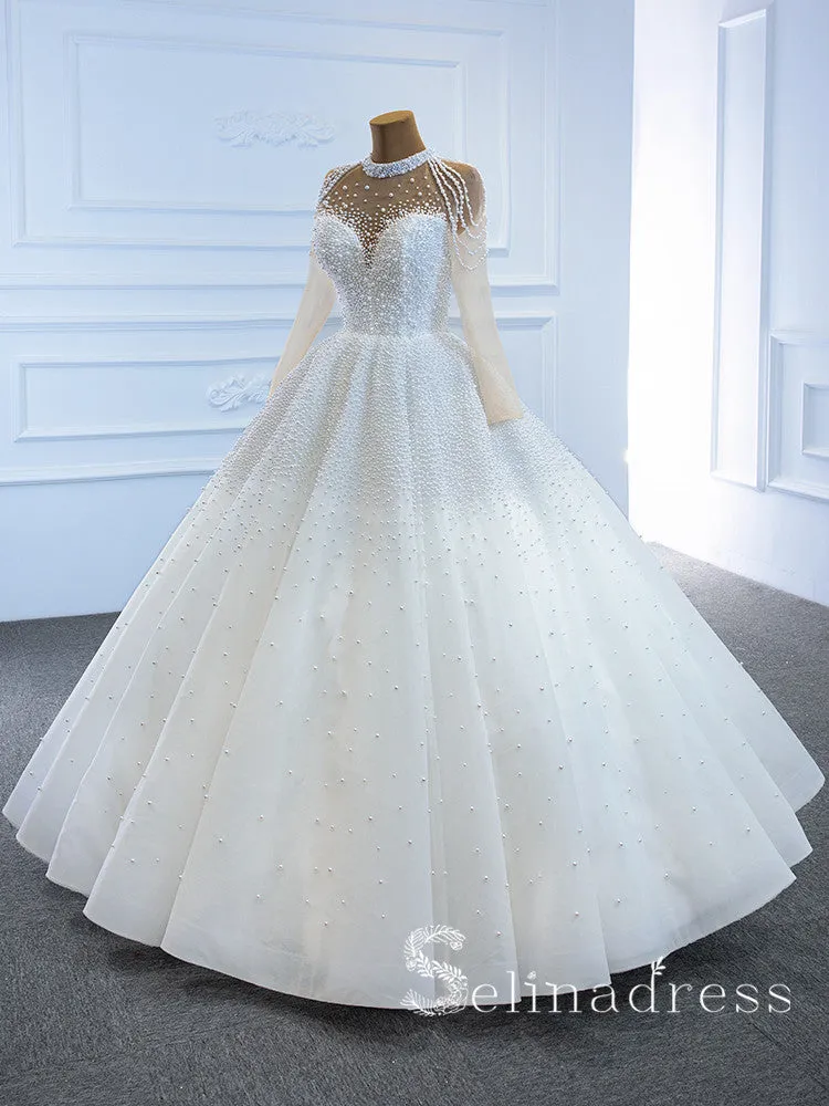 Selinadress High Neck Long Sleeve Beaded Wedding Dress White Luxury Ball Gown Bridal Gowns SPL67198