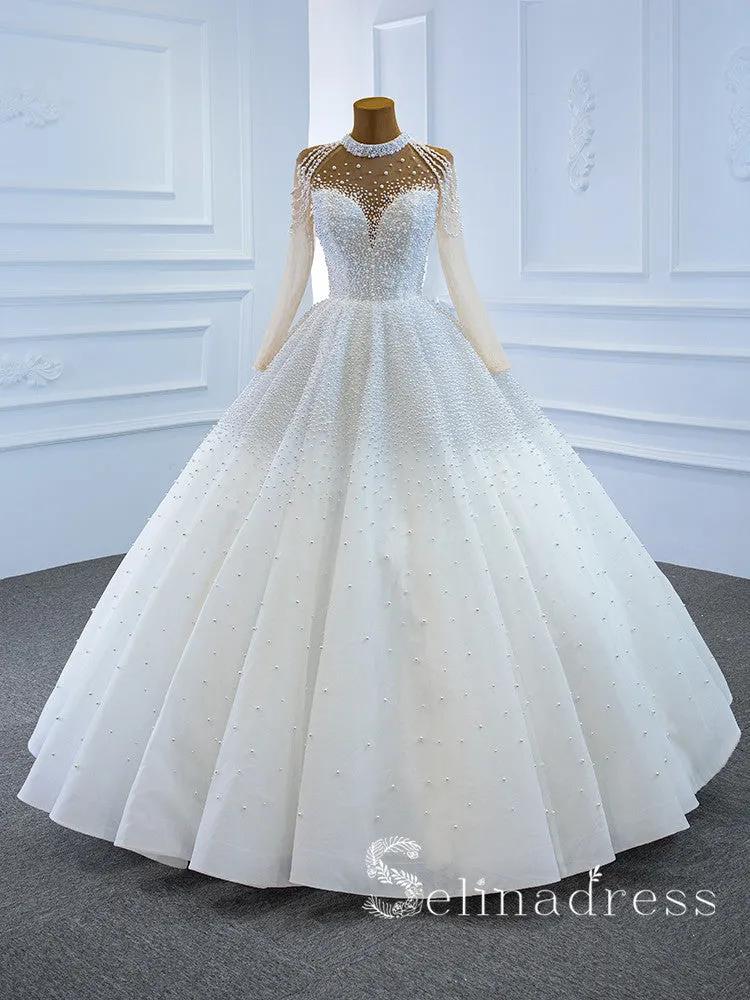 Selinadress High Neck Long Sleeve Beaded Wedding Dress White Luxury Ball Gown Bridal Gowns SPL67198